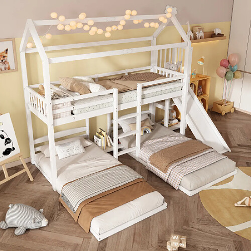 modfu Lit superposé 90x200 cm avec toboggan, en bois, blanc