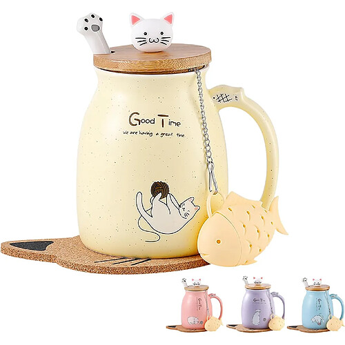Vendos85 Mug Chat en Céramique Mignon pour Café et Thé 350 ml jaune
