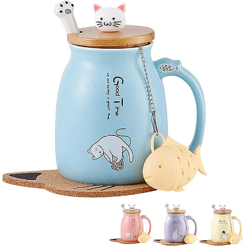 Vendos85 Mug Chat en Céramique Mignon pour Café et Thé 350 ml bleu