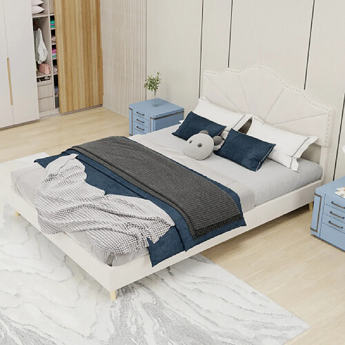 modfu Lit adulte 140x200 cm avec tête de lit, en tissu, beige