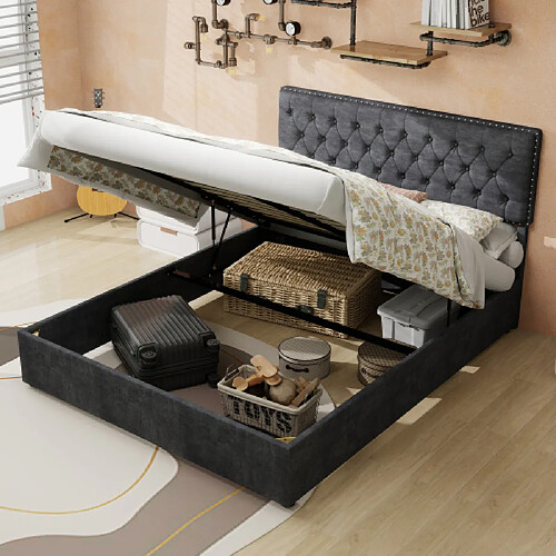 modfu Lit coffre 140x200 cm avec tête de lit, en tissu, gris