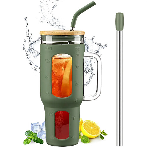 Vendos85 Gobelet 1,4?L avec Poignée, Couvercle Bambou & Pailles vert