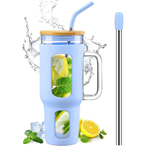 Vendos85 Gobelet 1,4?L avec Poignée, Couvercle Bambou & Pailles bleu clair