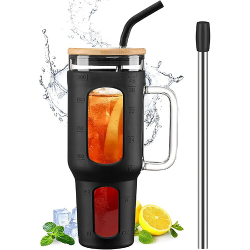 Vendos85 Gobelet 1,4?L avec Poignée, Couvercle Bambou & Pailles noir