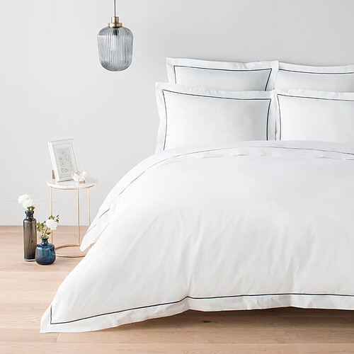 Cotton & Co Housse de couette en percale de coton 160 fils avec bourdon bleu