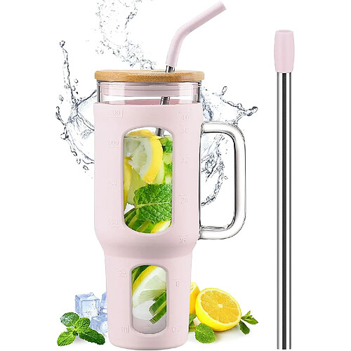 Vendos85 Gobelet 1,4?L avec Poignée, Couvercle Bambou & Pailles