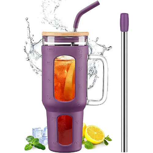 Vendos85 Gobelet 1,4?L avec Poignée, Couvercle Bambou & Pailles violet