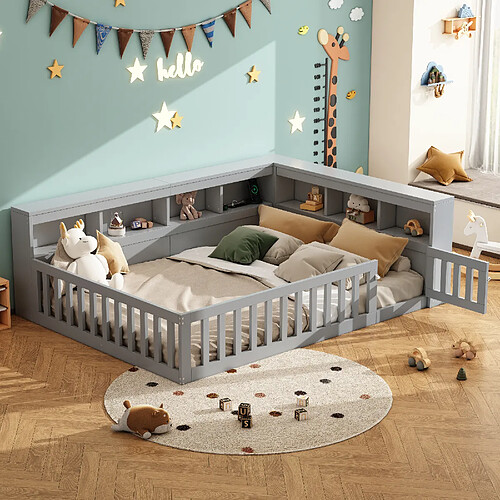 Blossom Paris Daybed, 140*190cm, lit de jour, canapé-lit, côté lit avec compartiment de rangement, lit avec lattes, barrière, panneau de particules, avec prise et usb, gris