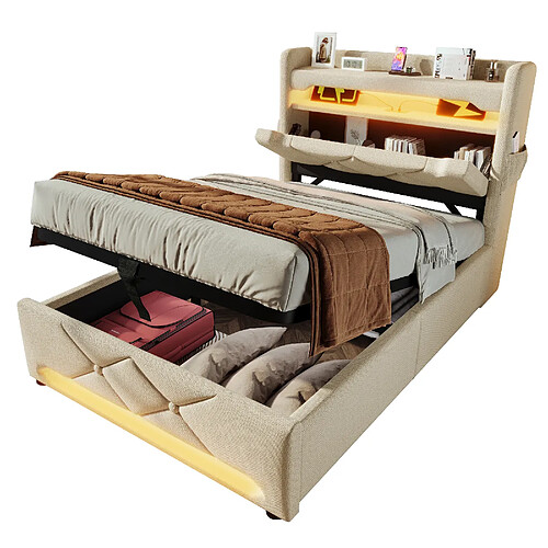 STILVORA Lit rembourré 90×200 cm en lin beige avec rangement hydraulique, LED 360° et tête de lit avec ports USB/Type-C