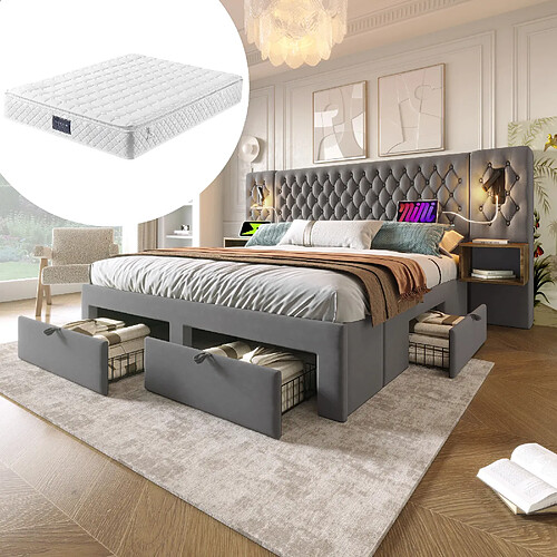 Blossom Paris Ensemble chambre complet, lit capitonné double 160x200cm avec 2 tables de chevet et 4 tiroirs, tête lumière de lecture USB, gris velours (avec matelas)