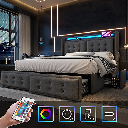 Blossom Paris Lit capitonné 180x200, double avec tête LED et USB C et 4 tiroirs, lit avec rangement, lattes bois et cadre métal, capacité 300 kg, gris, coton