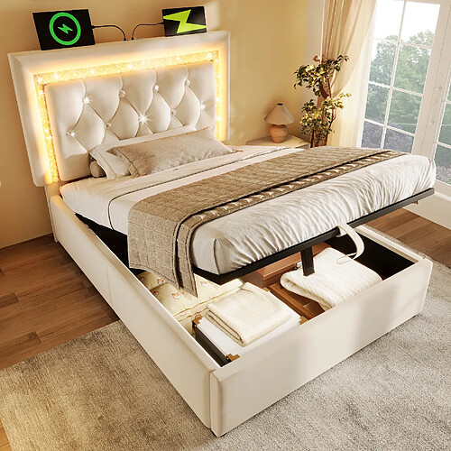 Blossom Paris Lit capitonné 90x200 cm velours simple avec bande LED diamant tête, USB/Type-C, rangement hydraulique, beige