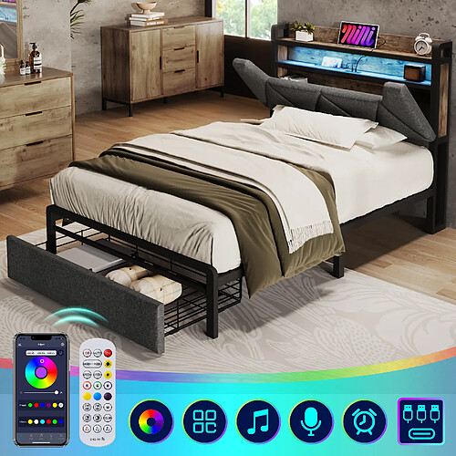 Blossom Paris Lit capitonné avec USB Type-C, tête avec rangement, LED et tiroirs, simple 90 x 200 avec rangement, cadre métallique avec lattes, gris