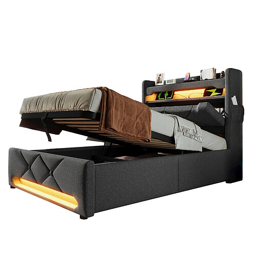 STILVORA Lit rembourré 180×200 cm en lin beige avec LED 360°, tête de lit avec USB/Type-C et coffre hydraulique