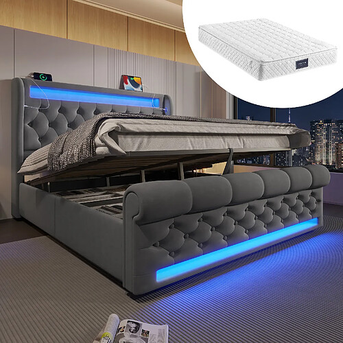 Blossom Paris Lit capitonné moderne double 140x200cm, LED, tête avec rangement et USB/Type-C, lit hydraulique avec rangement, gris, velours