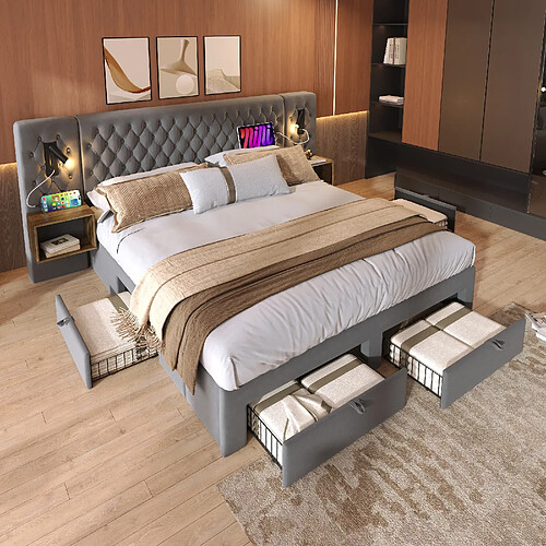 Blossom Paris Ensemble chambre complet, lit capitonné double 160x200cm avec 2 tables de chevet et 4 tiroirs, tête lumière de lecture USB, gris velours (sans matelas)