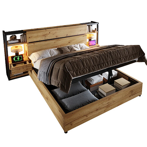 STILVORA Lit coffre 180×200 cm en MDF et métal, tête de lit avec niches, tiroirs et charge USB/Type-C, coloris chêne