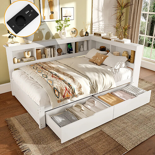 Blossom Paris Daybed, 140 x 200 cm, canapé-lit, lit de jour avec deux tiroirs, avec prise et 2 ports USB, lit avec lattes, panneau de particules, blanc