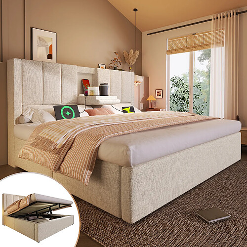 Blossom Paris Lit capitonné 160x200 cm double avec porte-gobelet caché et station de charge, lit hydraulique avec rangement sous le lit, lattes, lin beige