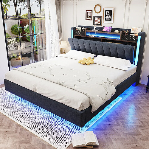 Blossom Paris Lit capitonné 140x200 avec LED et prise USB, tête avec rangement, lit flottant jeunesse/adulte, tissu lin, gris