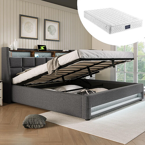 Blossom Paris Lit capitonné avec USB 160x200cm, LED double avec lattes cadre métal, cadre en lin, jeunesse