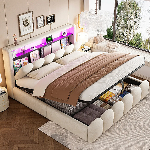 Blossom Paris Lit capitonné 180x200, fonction rangement hydraulique et tête avec rangement, double, velours, ports USB/Type-C, LED, design pétale, beige