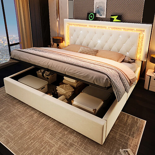 Blossom Paris Lit capitonné double 160x200 cm velours avec bande LED diamant tête, USB et Type-C, coffre hydraulique, jeunesse avec rangement, beige