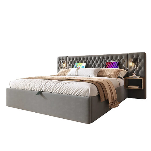 STILVORA Lit coffre hydraulique 160×200 cm en velours gris avec chevets intégrés, liseuses et USB/Type-C