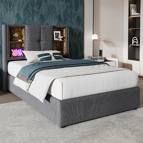 Blossom Paris Lit simple avec charge sans fil USB C, lit capitonné cadre 90x200cm, cadre avec rangement, lattes bois, coton gris