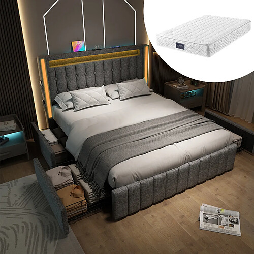 Blossom Paris Lit capitonné USB-C LED et 4 tiroirs, jeunesse 140x200cm double avec rangement, cadre lattes bois, gris (avec matelas)