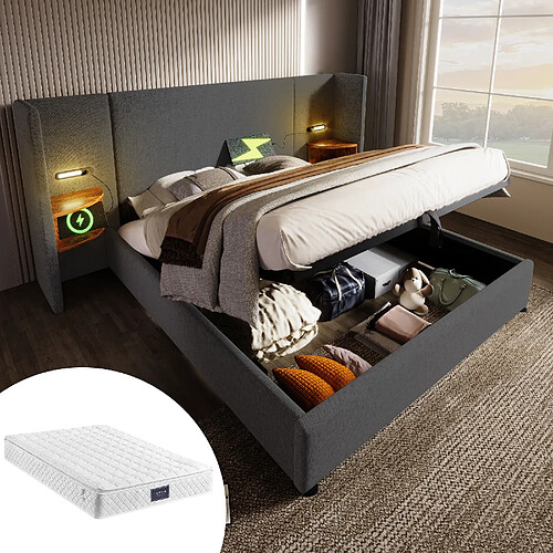 Blossom Paris Lit capitonné double 160×200 avec table de chevet, lampe de lecture et USB Type-C, ensemble lit avec rangement, cadre avec lattes bois et métal, gris, lin