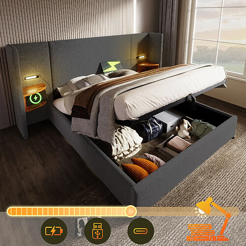Blossom Paris Lit capitonné double 180×200 avec table de chevet, lampe de lecture et USB Type-C, ensemble lit avec rangement, cadre avec lattes bois et métal, gris, lin