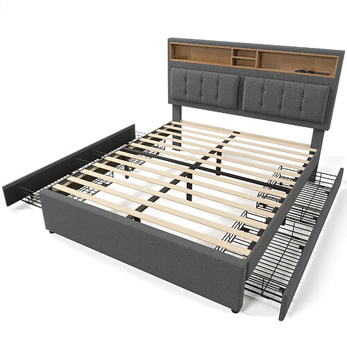 STILVORA Lit rembourré avec tiroirs et station de charge 160×200 cm, tête de lit réglable, revêtement lin gris