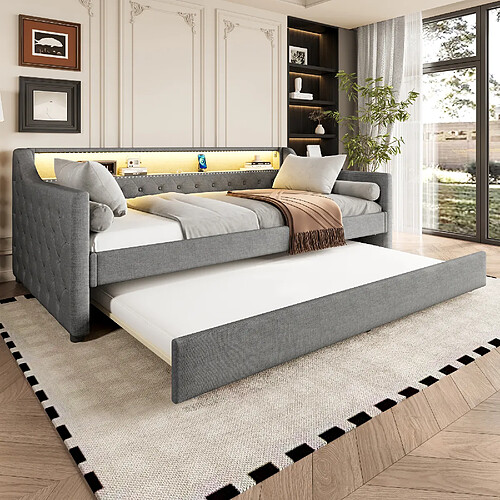 Blossom Paris Daybed, 90 x 200cm, canapé-lit, lit de jour avec lattes, avec LED, lit avec lit escamotable, port de charge USB, lin, gris
