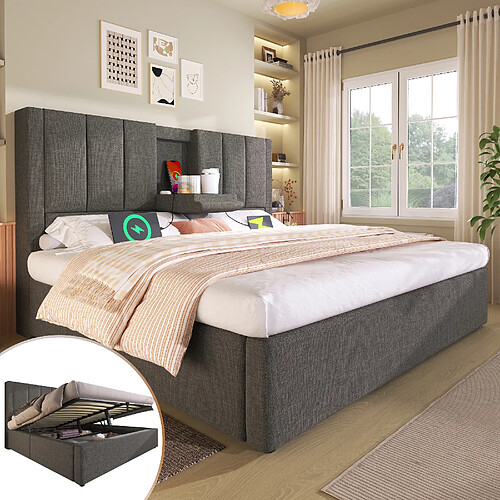 Blossom Paris Lit capitonné 160x200 cm double avec porte-gobelet caché et station de charge, lit hydraulique avec rangement sous le lit, lattes, lin gris