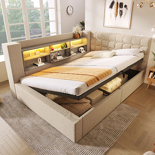 Blossom Paris Lit capitonné 140x200 cm double avec LED, rangement hydraulique, tête de lit en L avec rangement, lin beige