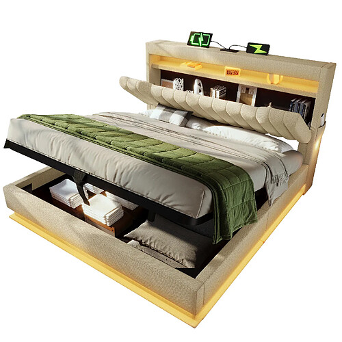 STILVORA Lit rembourré 160×200 cm en lin beige avec LED, tête de lit avec USB/Type-C et coffre hydraulique