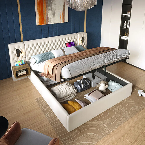 Blossom Paris Ensemble chambre complet, lit capitonné hydraulique avec rangement double 160x200cm avec 2 tables de chevet, tête lumière de lecture USB, beige velours (sans matelas)