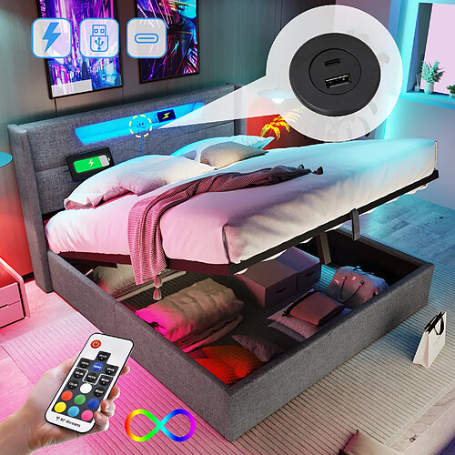Blossom Paris Lit capitonné LED double avec USB Type-C et éclairage LED, cadre en lin, jeunesse 140x200 avec lattes