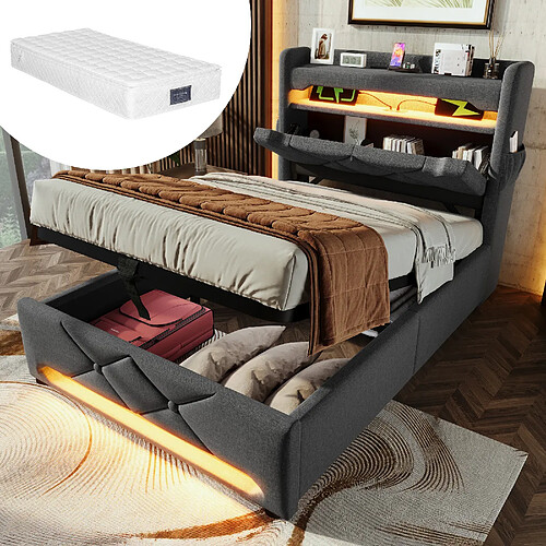 Blossom Paris Lit capitonné simple 90*200, tête avec rangement, USB et Type-C, LED 360° autour tête et pied, rangement hydraulique, gris, lin