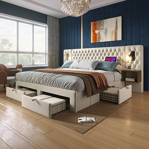 Blossom Paris Ensemble chambre complet, lit capitonné double 160x200cm avec 2 tables de chevet et 4 tiroirs, tête lumière de lecture USB, beige velours (sans matelas)