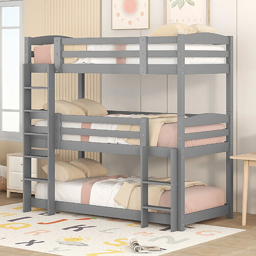 Blossom Paris Lit superposé, 90*200cm, simple taille bois triple lit superposé pour enfants, sans matelas, gris