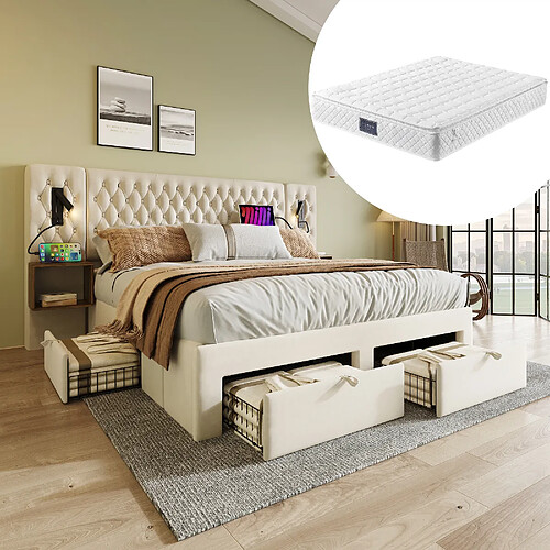 Blossom Paris Ensemble chambre complet, lit capitonné double 160×200 cm avec 2 tables de chevet et 4 tiroirs, tête avec lumière de lecture et USB, beige, velours