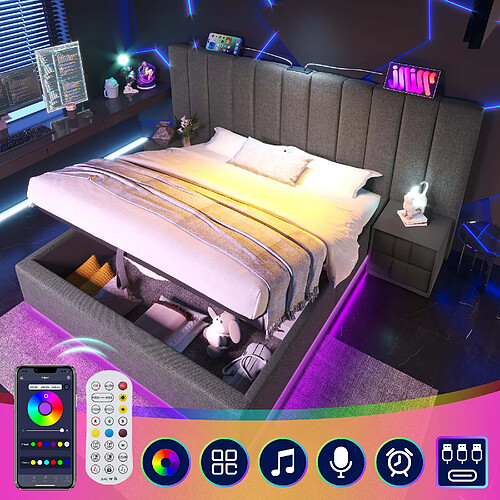 Blossom Paris Lit capitonné 160×200, double avec rangement, App Control LED et USB-C, cadre avec lattes, lin, gris, sans matelas ni table de nuit