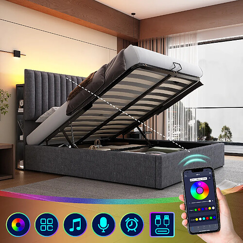 Blossom Paris Lit capitonné avec rangement, lit double LED commande App, USB Type-C, tête réglable, lattes bois, gris