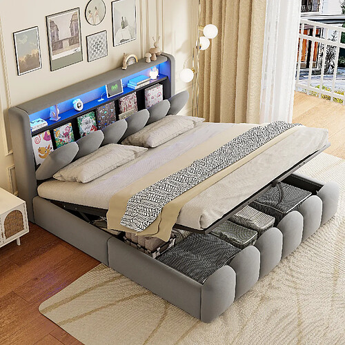 Blossom Paris Lit capitonné 180x200, fonction rangement hydraulique et tête avec rangement, double, velours, ports USB/Type-C, LED, design pétale, gris