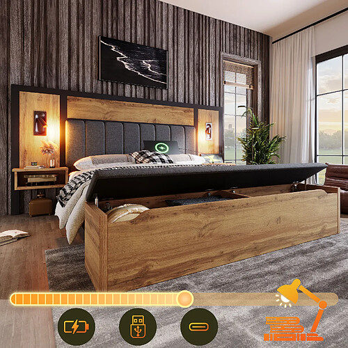 Blossom Paris Lit capitonné double 180×200, ensemble avec lampe de lecture, table de chevet USB C et banc avec rangement, cadre avec lattes métal et bois, chêne