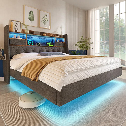 Blossom Paris Lit capitonné 180x200 cm lit flottant avec LED, tête avec station de charge (1 Type-C, 3 USB), double moderne avec tête rangement et lattes, lin, gris