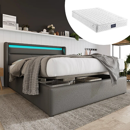 Blossom Paris Lit hydraulique avec rangement et bande LED, double cadre lit capitonné 160x200cm, lit fonctionnel, gris