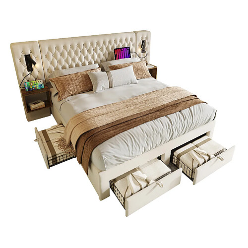 STILVORA Lit rembourré vintage en velvet beige 160×200 cm avec 2 chevets, 4 tiroirs, liseuses et USB/Type C